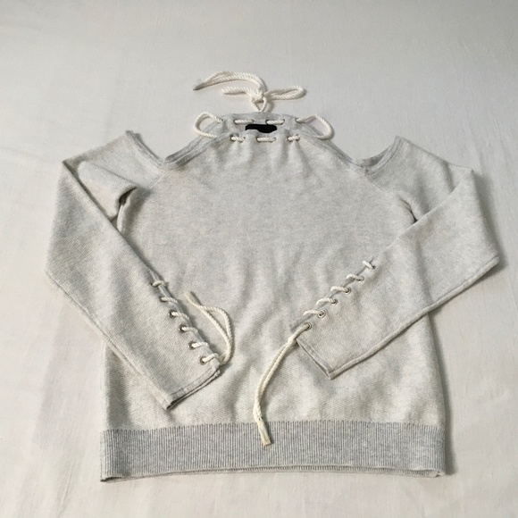 NWOT INTERMIX Off-Shoulder Rope Tie Sweatshirt Sweater Grey Small/Petite - Picture 1 of 13